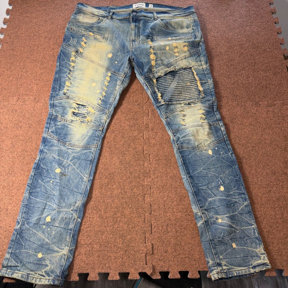 FWRD Denim Mens 38x34 Distressed Biker Moto Jeans Blue Paint Splatter Ripped